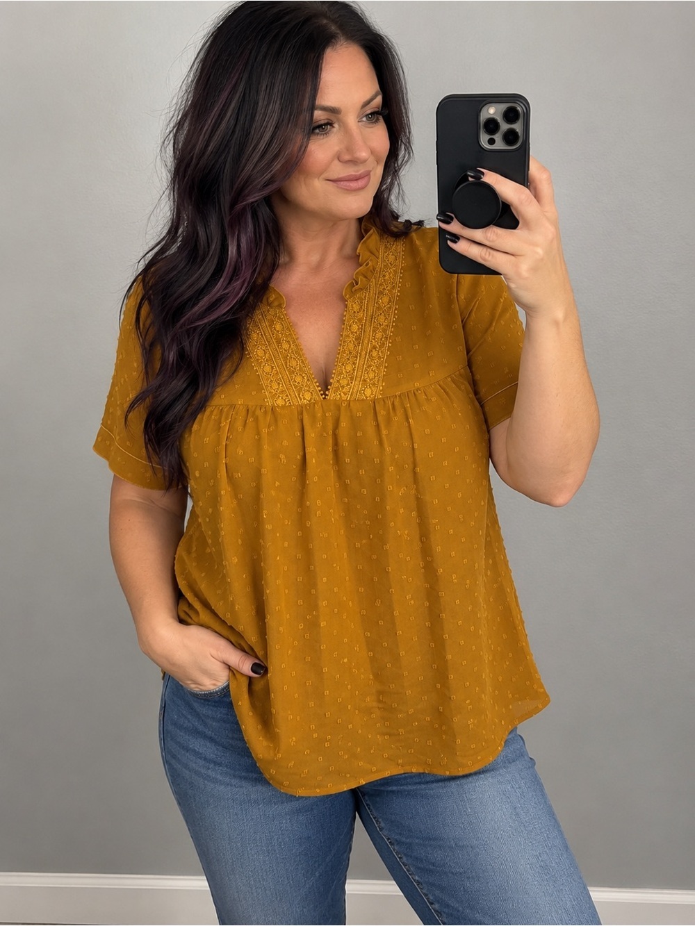 SHEIN Mustard Lace Trim Blouse